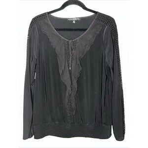 White House Black Market WHBM Black Lace Crochet Ruffle Med Blouse Top Boho Tie